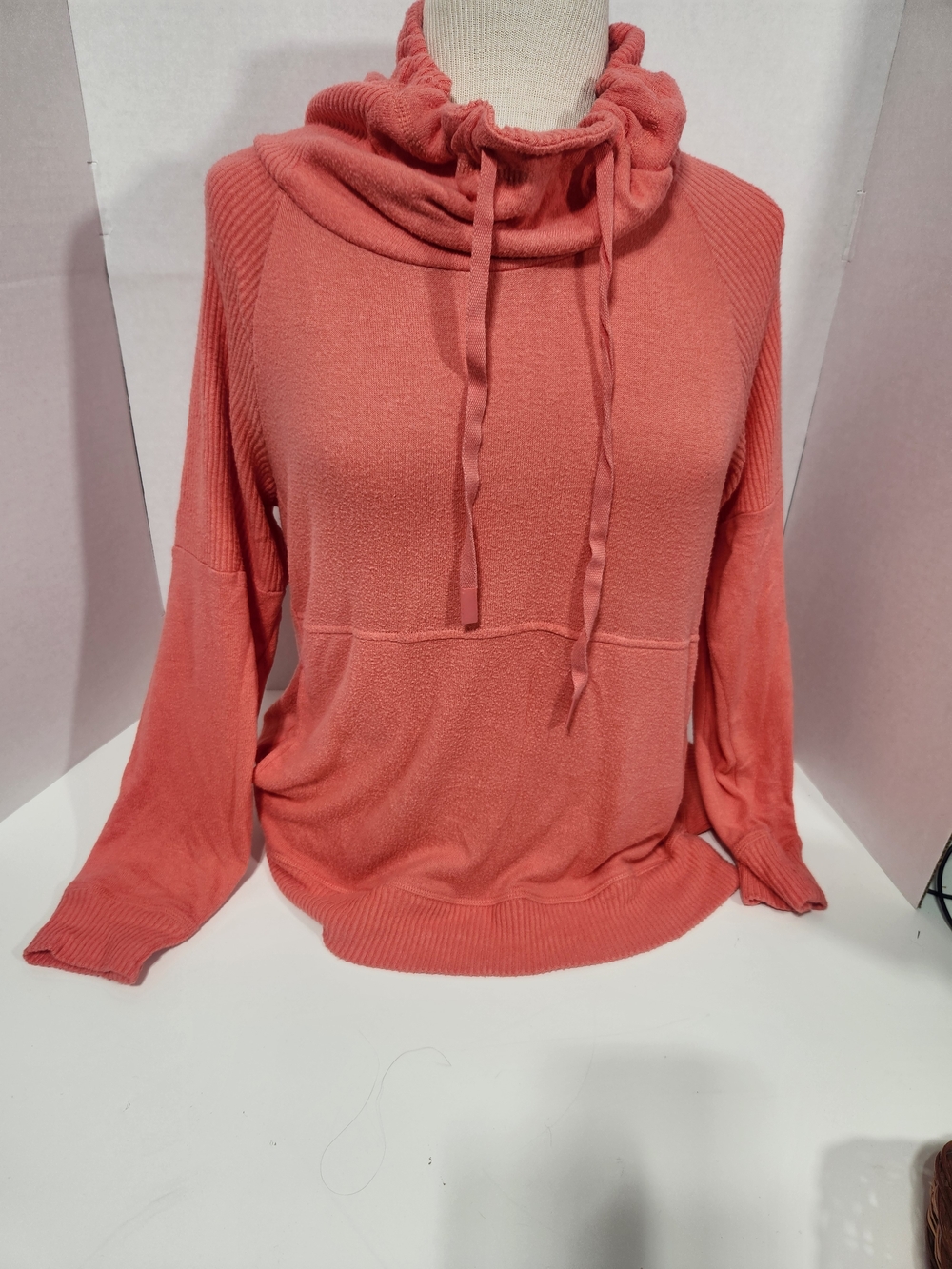 Cozy Coral Drawstring Cowl Neck Sweater